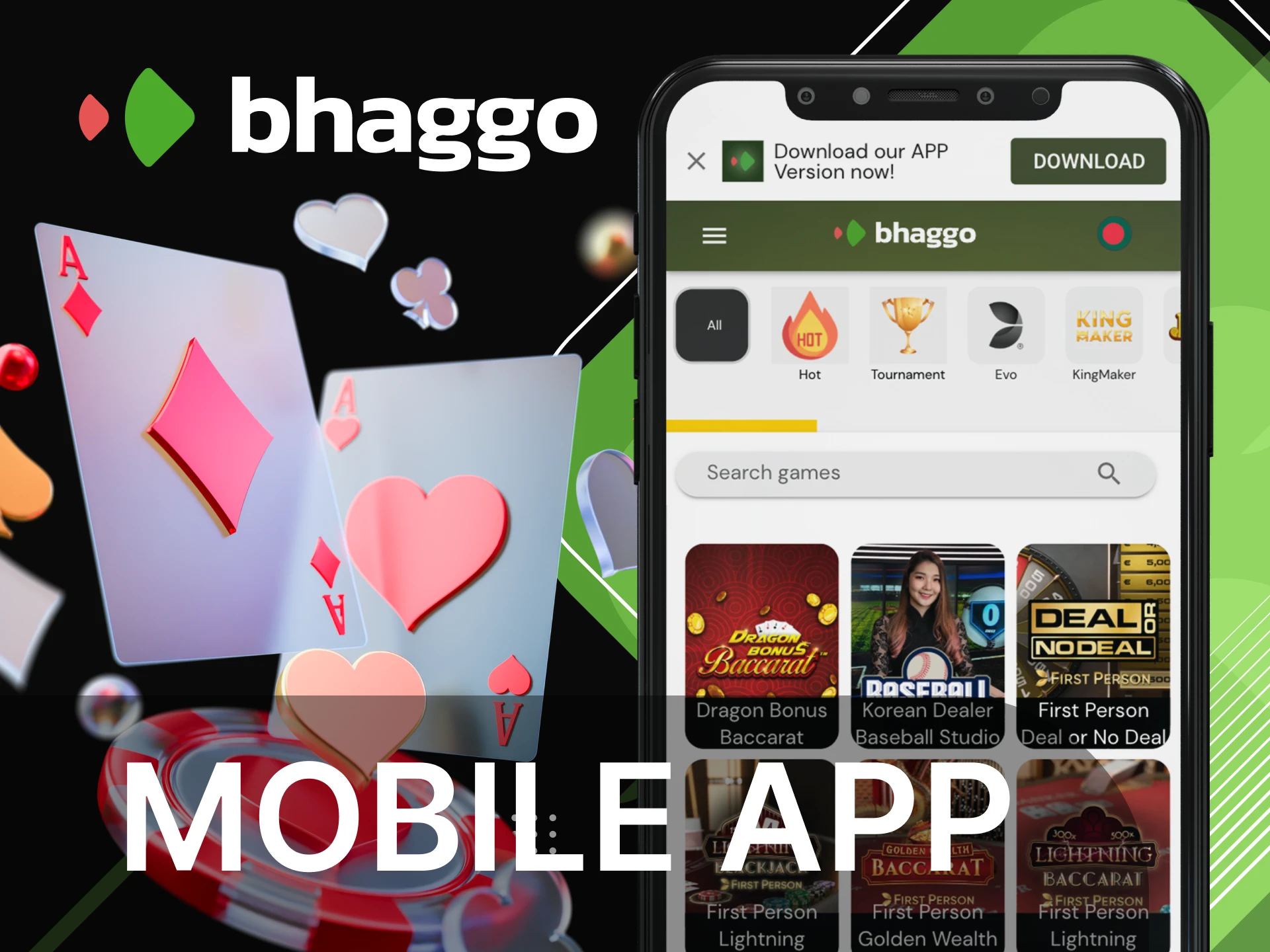 Download the Bhaggo online casino app to your phone and play live casino games.